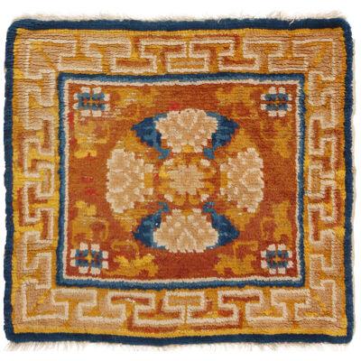 Antique Chinese Geometric Beige And Blue Wool Floral Rug