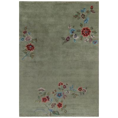 Rug & Kilim’s Chinese Style Art Deco Rug in Green with Floral Patterns