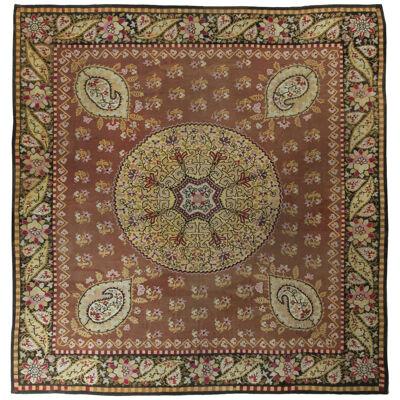 19th Century Antique Aubusson Flatweave Rug, Brown, Pink, Gold Medallion Pattern