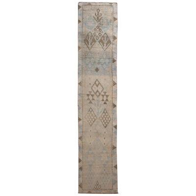 1950S Mid-Century Runner Beige Blue and Off-White Geometric Vintage Rug