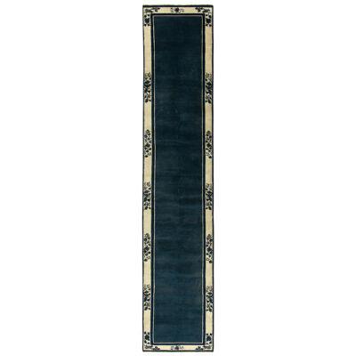 Vintage Chinese Deco Style Runner in Deep Blue, off White Floral Pattern Border