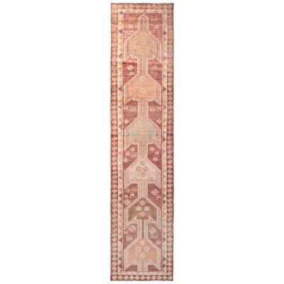 Hand-Knotted Vintage Runner – Red and Beige Tribal Rug in Geometric Pattern