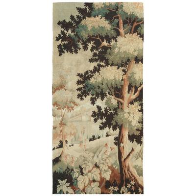 Antique French Traditional Cream and Green Floral Wool Tapestry