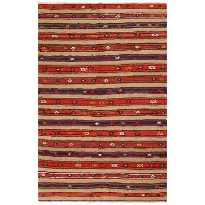 Vintage Mid-Century Fathiye Geometric Brown Wool Kilim – Red  Navy Blue Stripes