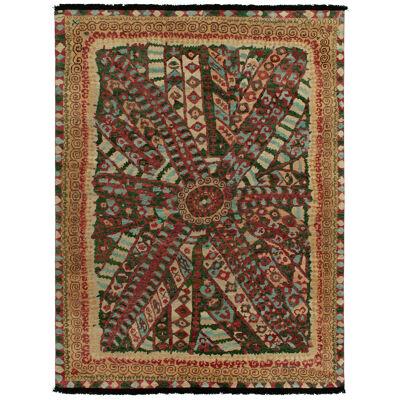 Tribal Style Rug in Red, Green Geometric Pattern and Beige Border by Rug & Kilim