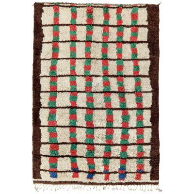 Hand-Knotted Vintage Berber Moroccan Rug in Beige-Brown, Geometric Pattern