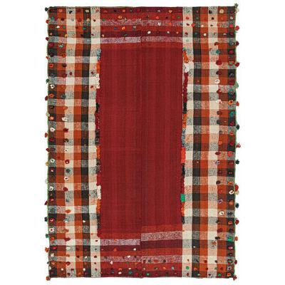 Vintage Persian Kilim in Red Open Field with Plaid Borders by Rug & Kilim