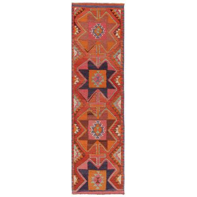 Vintage Kilim Runner in Orange, Pink and Blue Tribal Geometric Patterns
