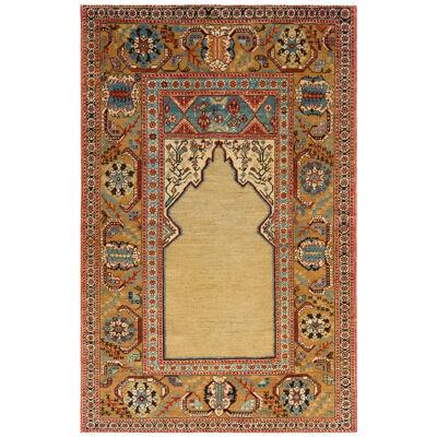 Rug & Kilim’s 19th Century Style Rug in Beige Gold and Blue Floral Pattern 