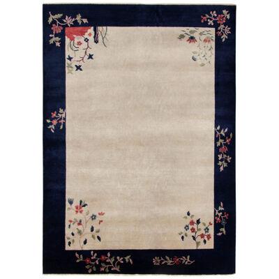 Vintage Chinese Deco Style Rug, Off-White Field, Blue Border, Red Green Florals