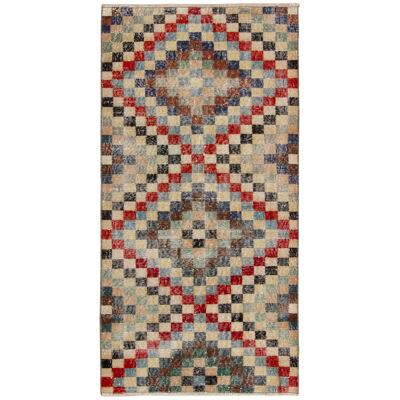 1960S Hand-Knotted Vintage Distressed Rug in Beige-Brown, Geometric Pattern