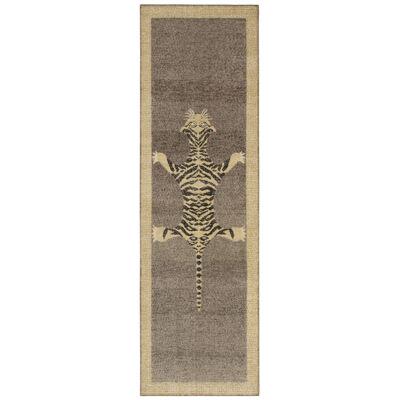 Rug & Kilim’s Distressed Style Tiger Runner in Gray, Beige and Black Pictorial