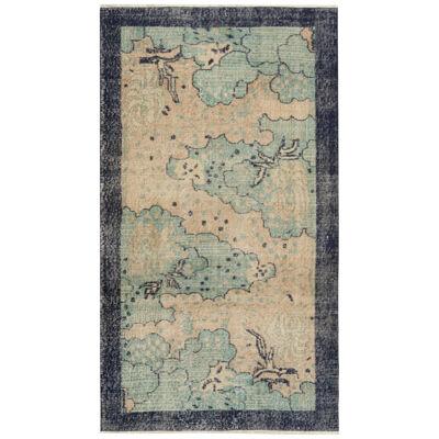 1960S Hand-Knotted Vintage Distressed Deco Rug in Blue, Cream Floral Pattern