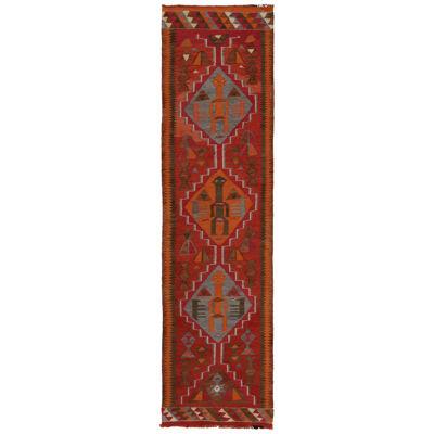Vintage Kilim Tribal Runner in Red With Blue and Orange Geometric Figures