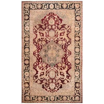 Hand-Knotted Antique Agra Rug in Beige Red Medallion Patternc