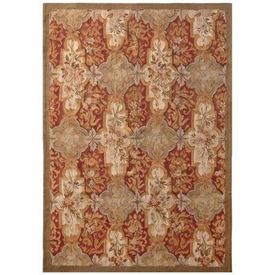 Aubusson Style Flat Weave Hand Woven Beige-Brown Red Floral Pattern