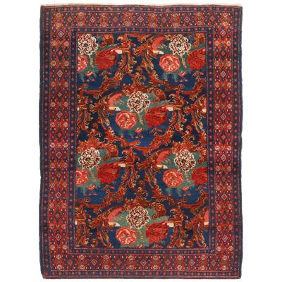 Antique Senneh Traditional Crimson Red And Blue Wool Persian Rug