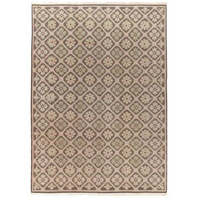 Vintage French Country Style Rug in Beige-brown, Pink, Green Floral Pattern