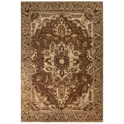 Hand-Knotted Antique Persian Heriz Rug In Beige-Brown Floral Medallion Pattern