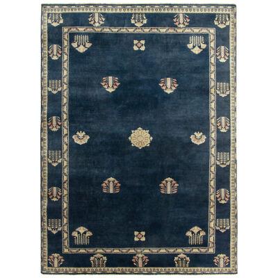 Vintage Chinese Deco Style Rug in Blue, Cream & Grey Medallion Floral Patterns