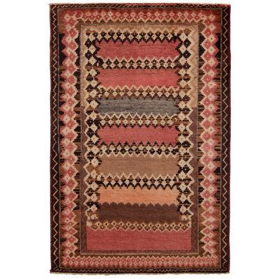Hand-Knotted Mid-Century Vintage Gabbeh Rug In Red Beige-Brown Tribal Pattern 