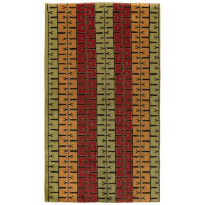 1960S Vintage Distressed Mid-Century Modern Rug, Red, Green, Gold Deco Pattern