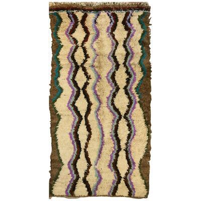 Vintage Moroccan Geometric Beige Brown and Purple Wool Shag Rug