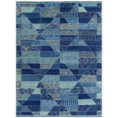 Scandinavian Pile Rug in Blue & Beige Geometric Pattern by Rug & Kilim