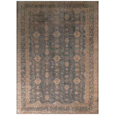 Hand-knotted Antique Oushak Rug in Gray-blue and Beige-brown Floral