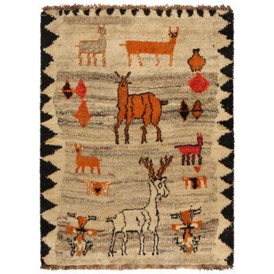 Rare Vintage Gabbeh Tribal Rug in Beige With Orange Pictorial Patterns