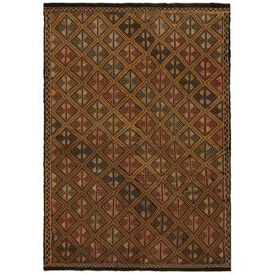Vintage Chaput Tribal Kilim in Brown With Pink and Gold Geometric Patterns