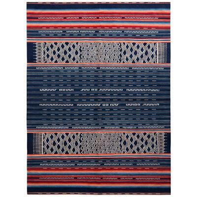Modern Flat Weave Rug in Blue and Red Striped Kilim Rug Design