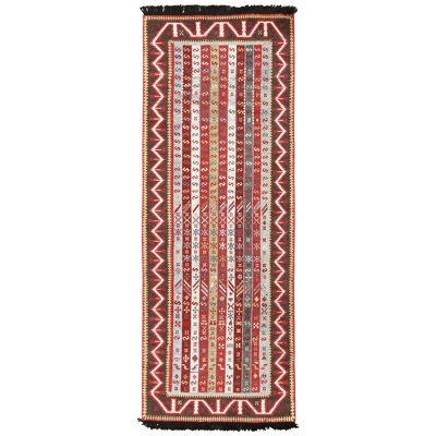 Rug & Kilim’s Burano Burgundy Red and Blue Wool Runner With Antique Hook Motifs