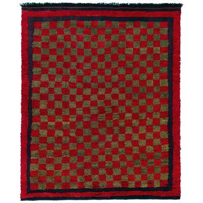 Vintage Tulu Shag Rug in Red, Green, Midnight Blue Chessboard Geometric Pattern