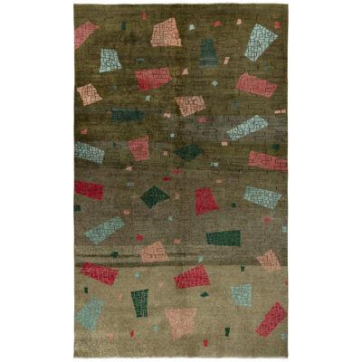 1960S Vintage Art Deco Rug in Green, Pink and Blue Geometric Pattern