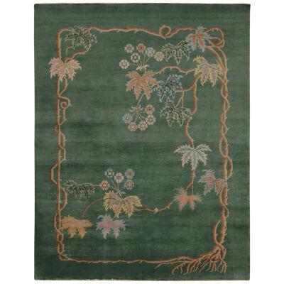 Rug & Kilim’s Chinese Art Deco rug in Green with Brown and Blue Floral Patterns