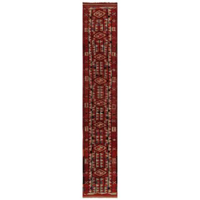 Vintage Tribal Kilim Runner in Rust Red With Vibrant Geometric Pattern