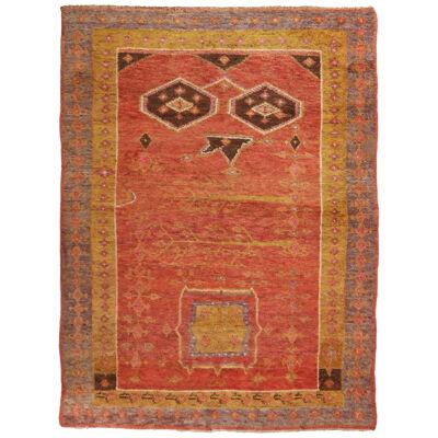 Antique Khotan Traditional Geometric Red And Golden Yellow Wool Rug
