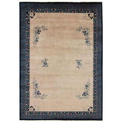 Vintage Chinese Deco Style Rug in Beige, Blue Border, Pale Green Floral Patterns