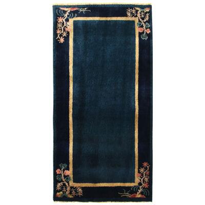 Vintage Chinese Deco Rug in Deep Blue, Gold Border With Floral Patterns