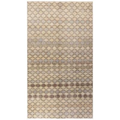 Hand-Knotted Vintage Mid Century Distressed Rug in Beige-Brown Lattice Pattern