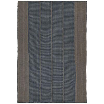 Rug & Kilim’s Contemporary Kilim in Blue and Gray with Stripes & Brown Accents 