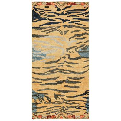 Rug & Kilim’s Classic Style Tiger-Skin Runner in Gold with Gray and Blue Stripes