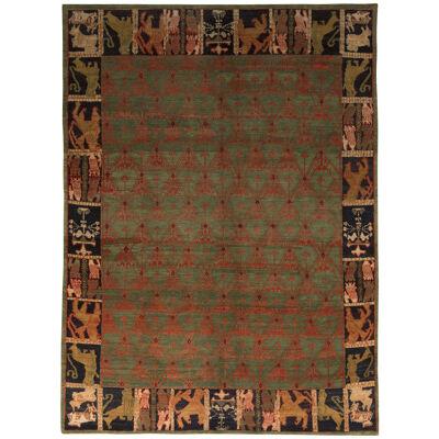 European Style Rug, Green, Red and Blue, Floral, Pictorial Border by Rug & Kilim