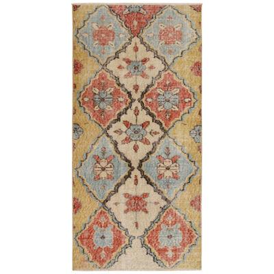 Vintage Distressed Turkish Deco Rug in Yellow, Blue, Red Floral Pattern