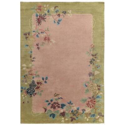 Rug & Kilim’s Chinese Style Art Deco Rug in Pink, Green Border & Floral Patterns