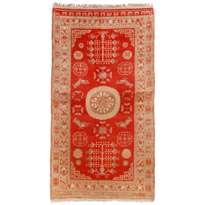 Antique Khotan Transitional Red and Beige Wool Rug With Medallion-style