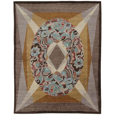 Rug & Kilim’s French Art Deco style Rug in Brown with Blue Medallion Pattern 