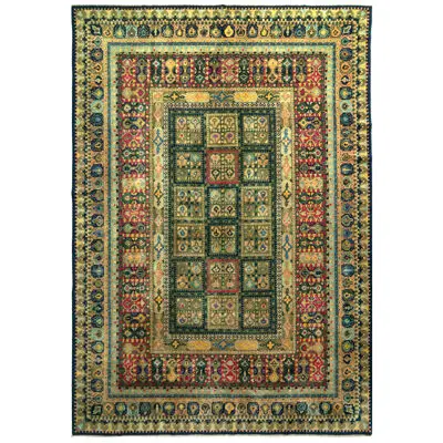 Hand-Knotted Vintage Mid-Century Rug in Green Geometric All Over Pattern