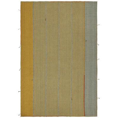 Rug & Kilim’s Contemporary Kilim in Gold with Blue Stripes and Brown Accents